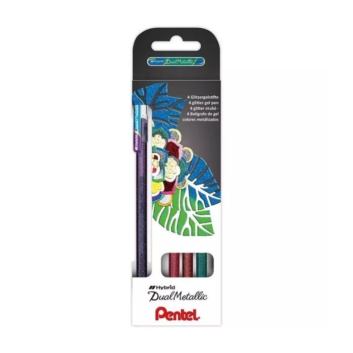 Pentel Hybrid Dual Metallic Pack de 4 Boligrafos de Bola con Tinta Gel Brillante - Punta 1mm - Trazo 0.5mm - Colores Brillantes Surtidos