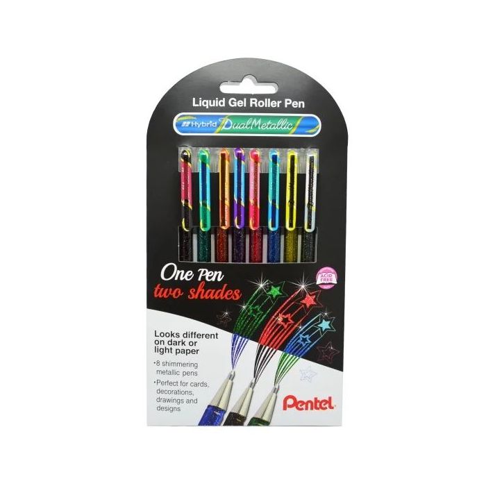 Pentel Hybrid Dual Metallic Pack de 8 Boligrafos de Bola con Tinta Gel Brillante - Punta 1mm - Trazo 0.5mm - Colores Brillantes Surtidos