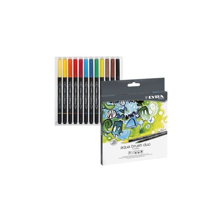 Lyra Aqua Brush Duo Pack 12 Rotuladores de Doble Punta - Punta Pincel 4mm, Punta Fina 2mm - Tinta Base de Agua - Colores Surtidos