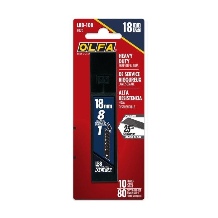 Olfa Pack de 10 Cuchillas de Negras para Cuters 18mm - Acero al Carbono - Un 25% mas Afiladas - 8 Segmentos