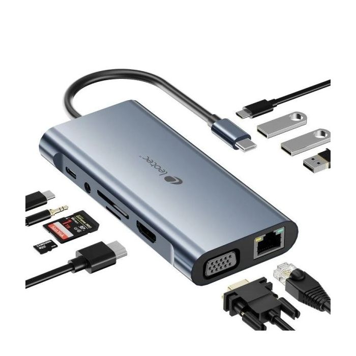 Leotec Adaptador 11 en 1 USB-C a 1xHDMI, 1xVGA, 1xRJ45, 3xUSB-A 3.0, 1xUSB-C PD, 1xUSB-C, 1xTF+1xSD, 1x Audio - Color Gris