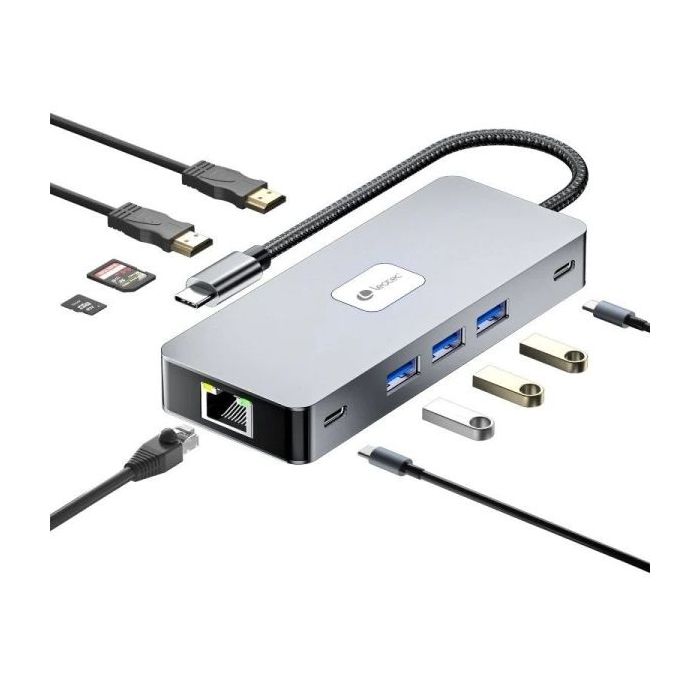 Leotec Adaptador 10 en 1 USB-C a 2xHDMI, 1xRJ45, 3xUSB-A 3.0, 1xUSB-C PD, 1xUSB-C, 1xTF/SD+1xMicroSD - Color Gris