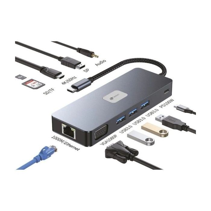 Leotec Adaptador 11 en 1 Plus USB-C a 1xDisplayPort, 1xHDMI, 1xVGA, 1xRJ45, 3xUSB-A 3.2, 1xUSB-C PD, 1xTF+1xSD, 1x Audio - Color Gris