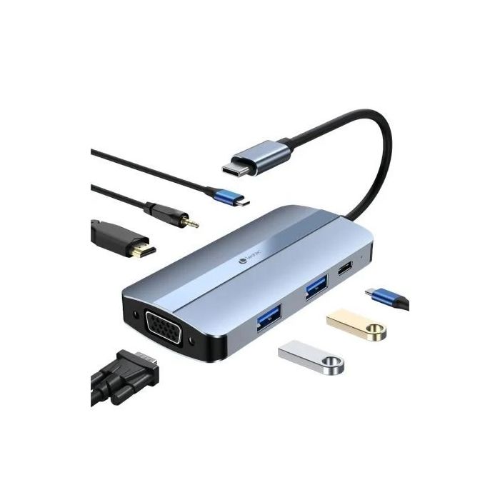 Leotec Adaptador 7 en 1 USB-C a 1xHDMI, 1xVGA, 1xUSB-A 3.0, 1xUSB-A 2.0, 1xUSB-C, 1x USB-C PD, 1xAudio - Color Gris