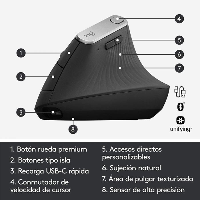 Logitech MX Vertical Ratón Ergonómico Avanzado 4000dpi - Angulo Vertical de 57º - 4 Botones Programables-4