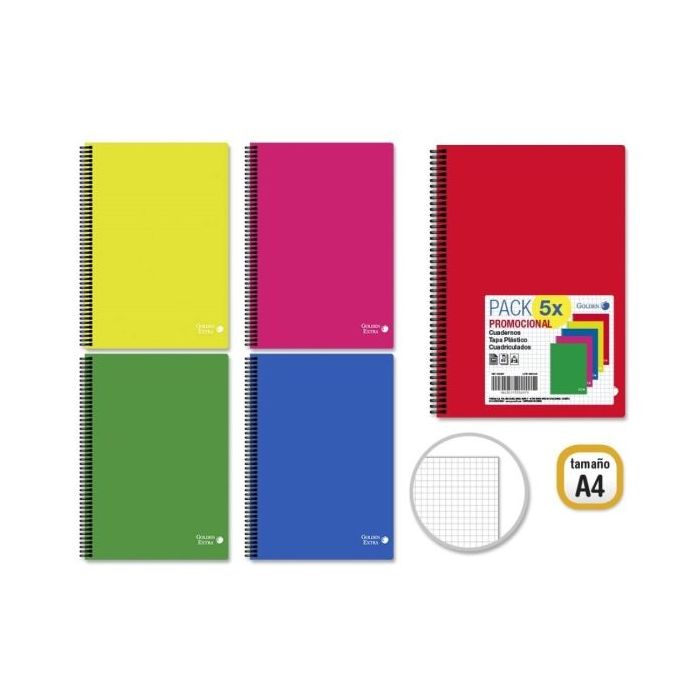 Golden Basic Pack de 5 Cuadernos A4 80 Hojas 90gr Cuadricula 4x4 - Ideal para Estudiantes - Tapa Polipropileno - Colores Surtidos