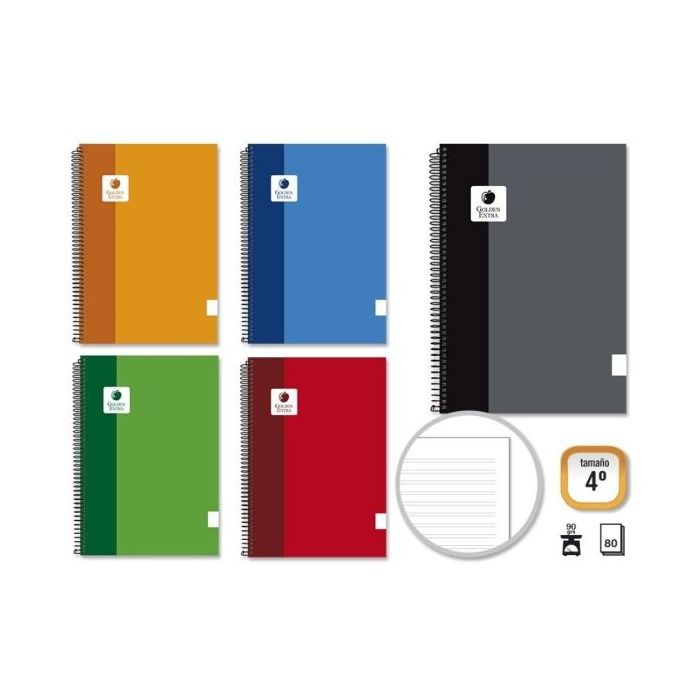 Golden Extra Cuaderno Espiral 4º 80 Hojas 90grs Pautado 3.5mm - Margen Remarcado - Tapa Forrada - Colores Surtidos