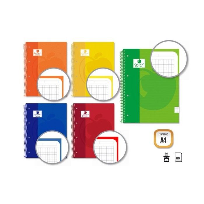 Golden Extra Cuaderno Espiral A4 80 Hojas 90grs Cuadricula 5x5 - Hojas Microperforadas con Banda de Color - Tapa Extradura Forrada - Colores Surtidos