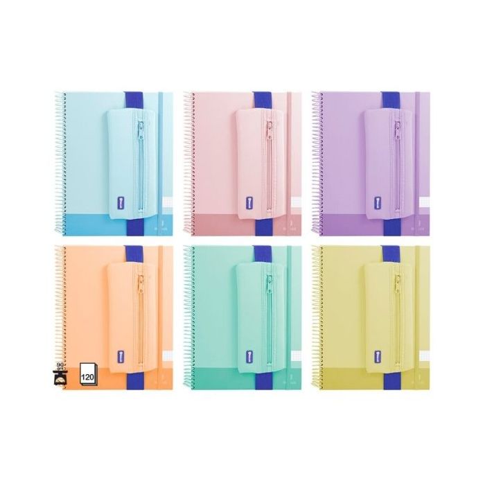 Bismark Pack de Cuaderno Espiral A4 120 Hojas 90grs Cuadricula 5x5 + Portatodo de Neopreno - Hojas Microperforadas - Colores Pastel Surtidos