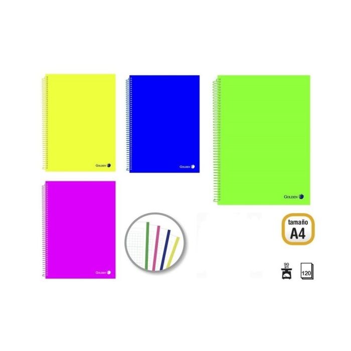 Golden Pack de 4 Cuadernos A4 120 Hojas 90gr Cuadricula 5x5 - Hojas Microperforadas con Banda de Color y 4 Taladros - Tapa Polipropileno - Colores Surtidos