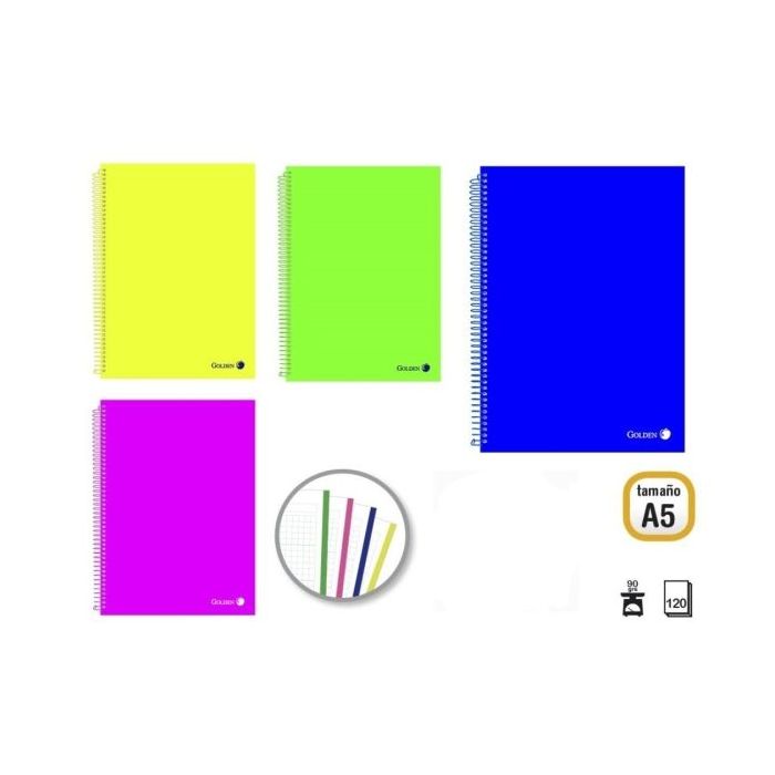 Golden Pack de 8 Cuadernos A5 120 Hojas 90gr Cuadricula 5x5 - Hojas Microperforadas con Banda de Color y 2 Taladros - Tapa Polipropileno - Colores Surtidos