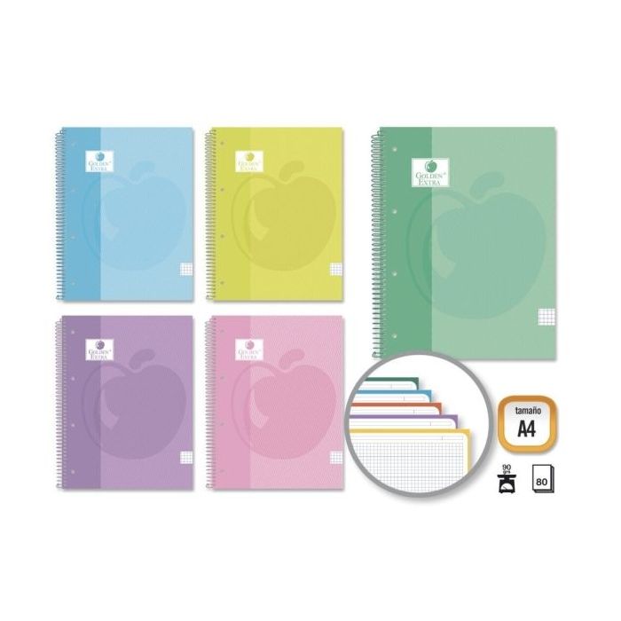 Golden Extra Cuaderno Espiral A4 80 Hojas 90grs Cuadricula 5x5 - Hojas Microperforadas con Banda de Color - Tapa Extradura Forrada - Colores Pastel Surtidos