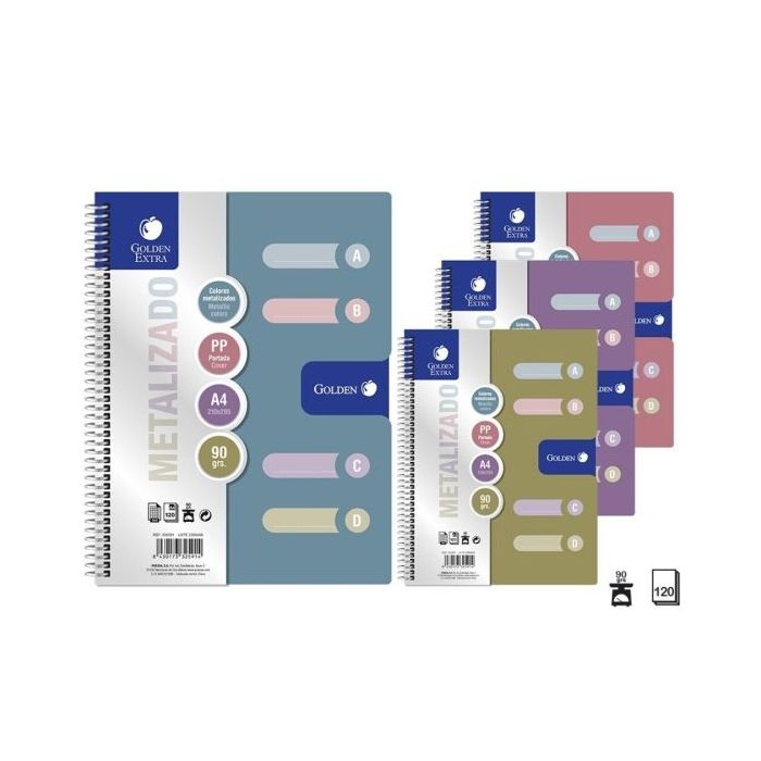 Golden Pack de 6 Cuadernos A4 120 Hojas 90gr Cuadricula 5x5 - Tapa Polipropileno - Colores Metalizados Surtidos
