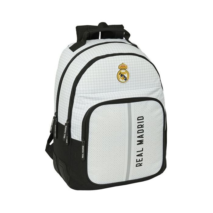 Safta Real Madrid 1ª Equipacion 24/25 Mochila - Adaptable a Carro - 2 Compartimentos - Asa de Mano - 32x42x15cm - Color Blanco/Negro