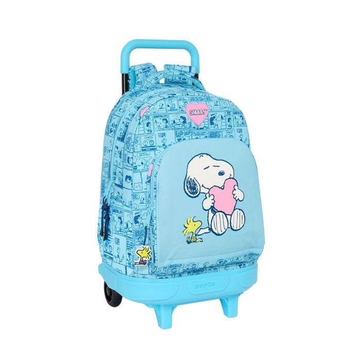 Safta Snoopy Love Mochila con Carro Integrado - Extraible para Facilitar su Limpieza - Base Reforzada - Asa Extraible - 33x45x22cm - Color Azul Claro