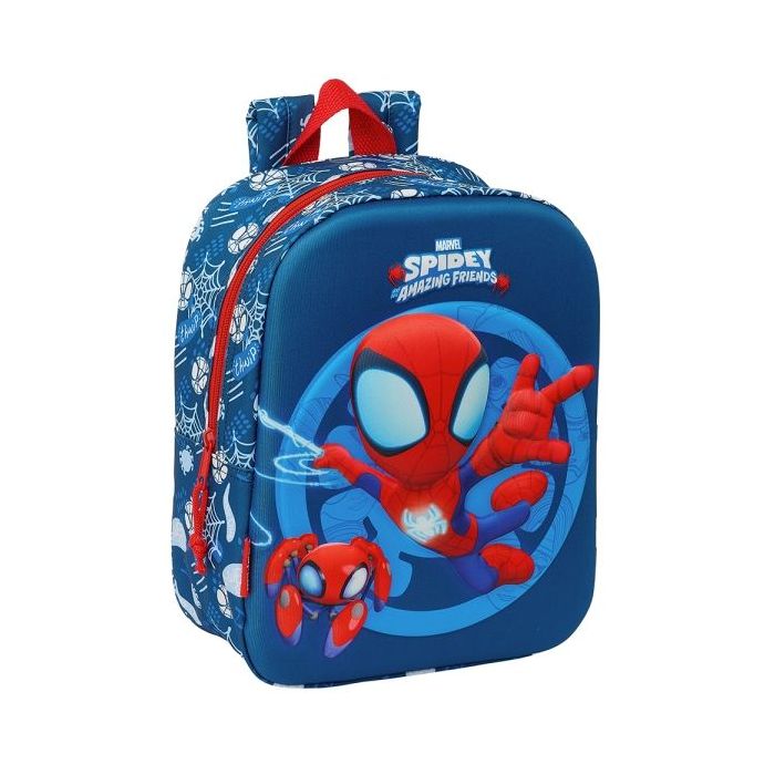 Safta Spidey Mochila Guarderia 3D - Asa de Mano - Compartimento Principal con Cremallera - 22x27x10cm - Color Azul
