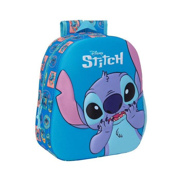 Safta Stitch Mochila 3D - Asa de Mano - Portabotellas Lateral - 27x33x10cm - Color Azul