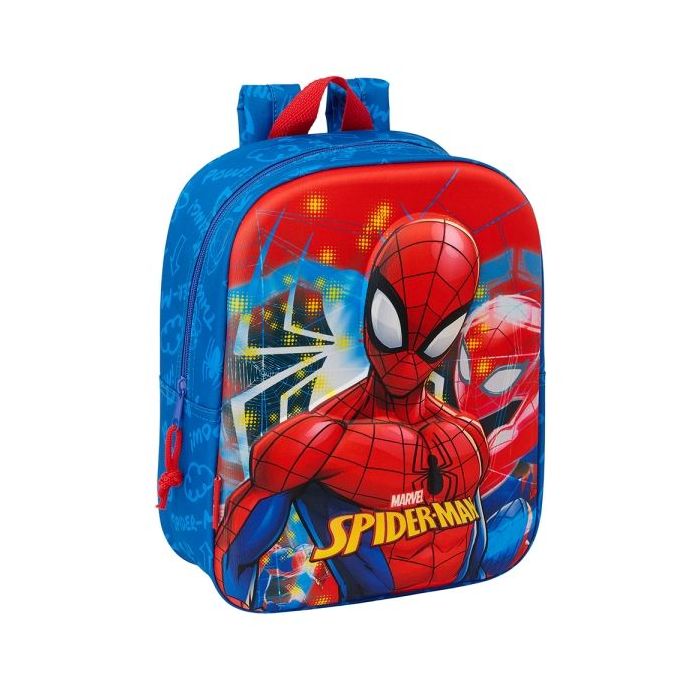 Safta Spider-Man Mochila Guarderia 3D - Asa de Mano - Compartimento Principal con Cremallera - 22x27x10cm - Color Azul
