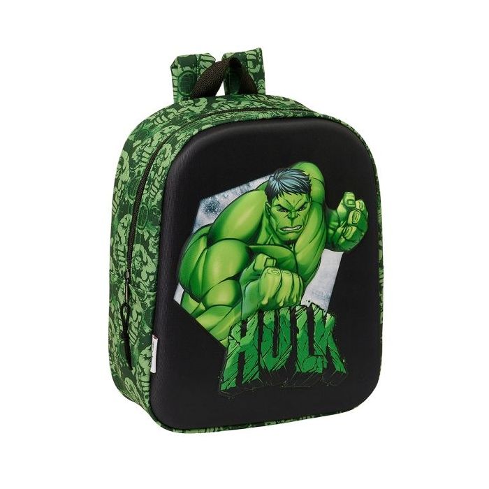 Safta Hulk Mochila Guarderia 3D - Asa de Mano - Compartimento Principal con Cremallera - 22x27x10cm - Color Negro/Verde