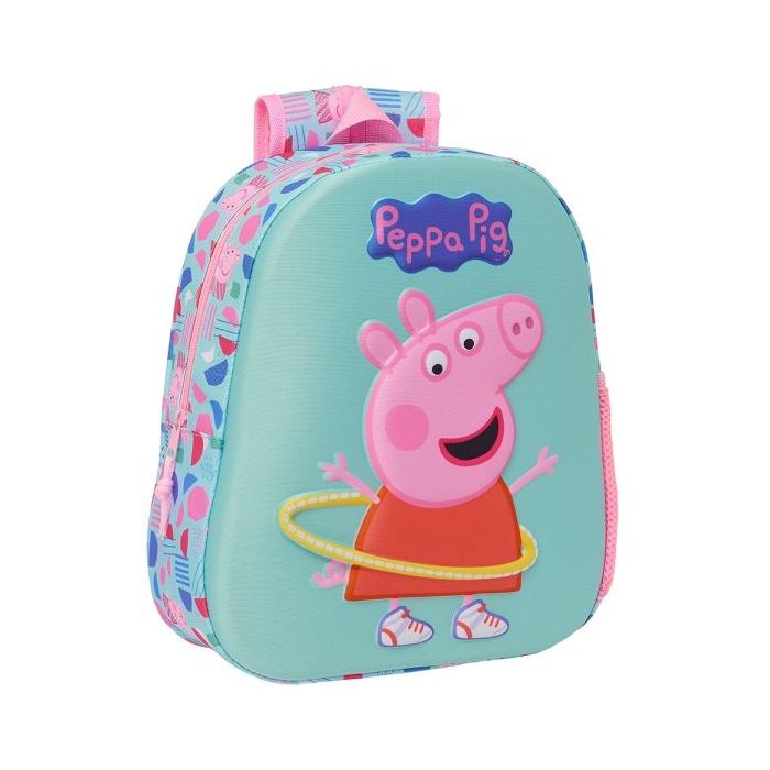 Safta Peppa Pig Mochila 3D - Asa de Mano - Portabotellas Lateral - 27x33x10cm - Color Azul Claro