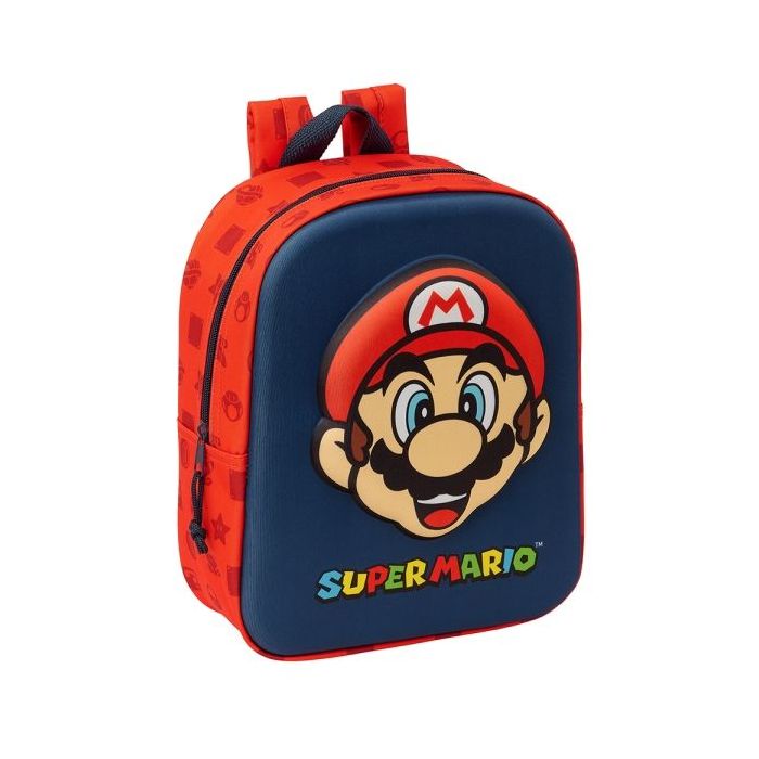 Safta Super Mario Mochila Guarderia 3D - Asa de Mano - Compartimento Principal con Cremallera - 22x27x10cm - Color Rojo y Azul