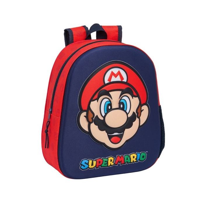 Safta Super Mario Mochila 3D - Asa de Mano - Portabotellas Lateral - 27x33x10cm - Color Rojo y Azul