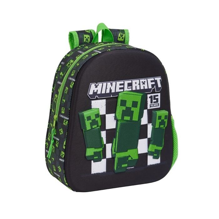 Safta Minecraft Mochila 3D - Asa de Mano - Portabotellas Lateral - 27x33x10cm - Color Negro/Verde