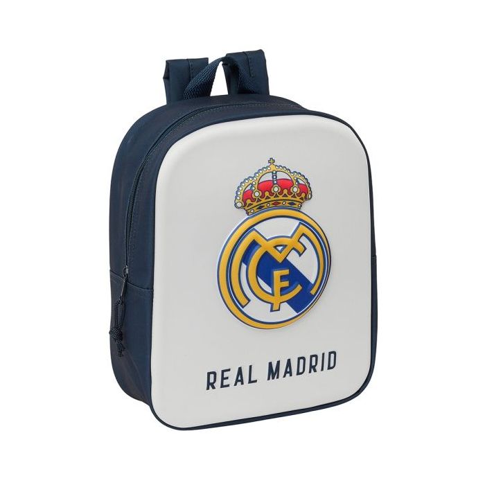 Safta Real Madrid Mochila Guarderia 3D - Asa de Mano - Compartimento Principal con Cremallera - 22x27x10cm - Color Blanco/Negro
