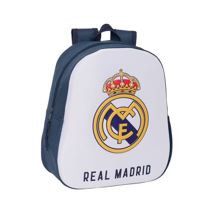 Safta Real Madrid Mochila 3D - Asa de Mano - Portabotellas Lateral - 27x33x10cm - Color Blanco/Negro