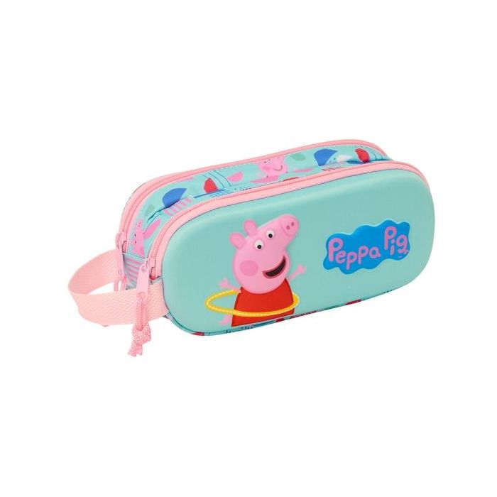 Safta Peppa Pig Estuche Portatodo 3D - 2 Compartimentos - Asa de Mano - 21x8x6cm - Color Azul Claro