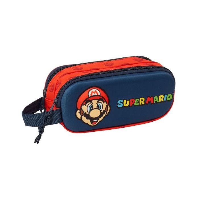 Safta Super Mario Estuche Portatodo 3D - 2 Compartimentos - Asa de Mano - 21x8x6cm - Color Rojo y Azul