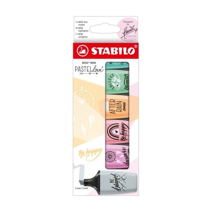 Stabilo Boss Mini Pastellove Pack de 6 Marcadores Fluorescentes - Trazo entre 2 y 5mm - Tinta con Base de Agua - Antisecado - Colores Rosa, Fucsia, Naranja, Verde, Gris, y Turquesa