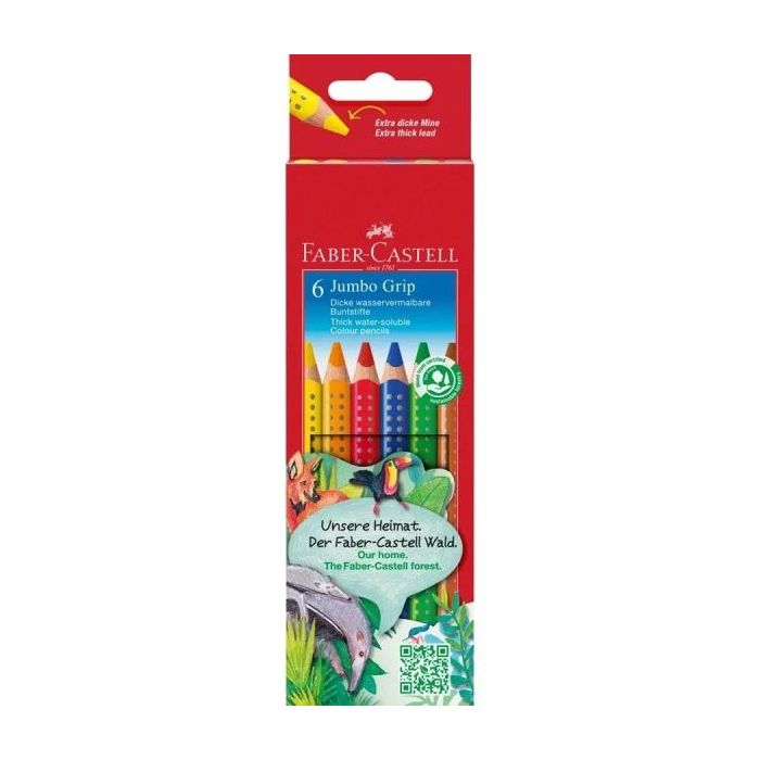Faber-Castell Jumbo Grip Pack de 6 Lapices de Colores Triangulares con Grip de Agarre - Mina Extragruesa Jumbo - Acuarelable y Lavable - Colores Surtidos