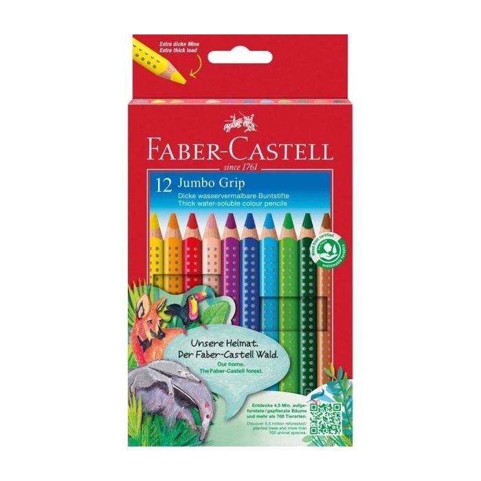Faber-Castell Jumbo Grip Pack de 12 Lapices de Colores Triangulares con Grip de Agarre - Mina Extragruesa Jumbo - Acuarelable y Lavable - Colores Surtidos