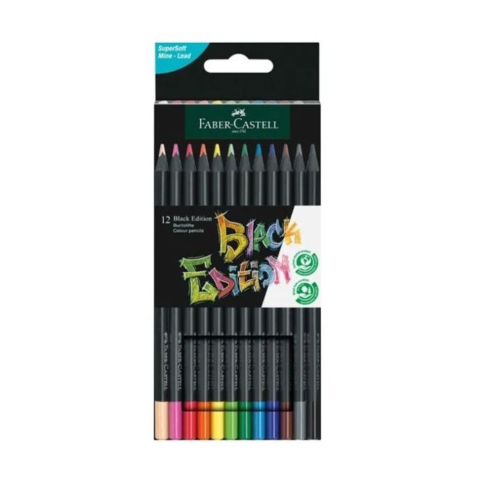Faber-Castell Black Edition Pack de 12 Lapices de Colores - Mina Supersuave - Madera Negra - Ideales para Dibujo sobre Papel Claro, Oscuro y de Colores - Colores Surtidos