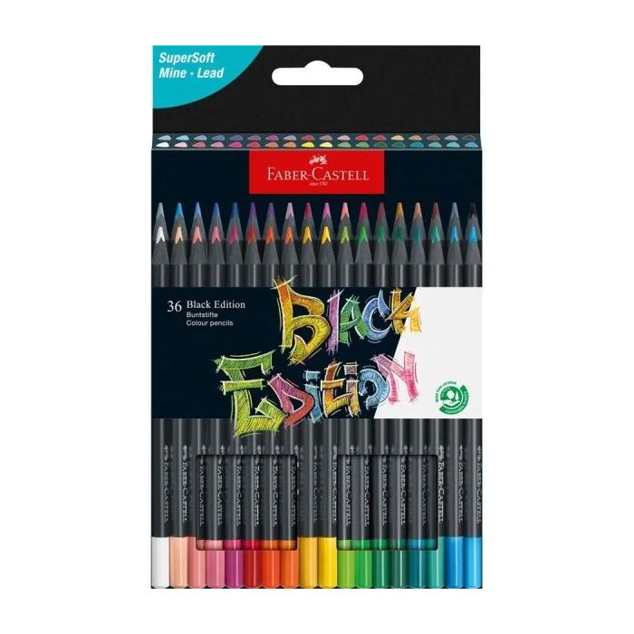 Faber-Castell Black Edition Pack de 36 Lapices de Colores - Mina Supersuave - Madera Negra - Ideales para Dibujo sobre Papel Claro, Oscuro y de Colores - Colores Surtidos