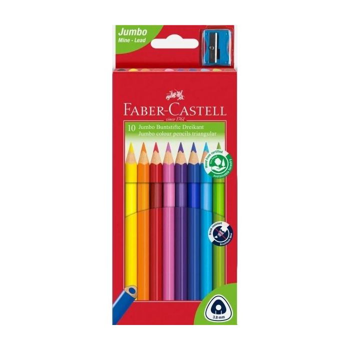 Faber-Castell Jumbo Junior Pack de 10 Lapices de Colores Triangulares + Sacapuntas - Mina Resistente a la Rotura - Lavable - Colores Surtidos