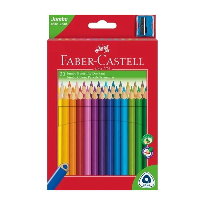 Faber-Castell Jumbo Junior Pack de 30 Lapices de Colores Triangulares + Sacapuntas - Mina Resistente a la Rotura - Lavable - Colores Surtidos
