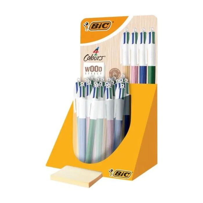 Bic 4 Colours Wood Style Expositor de 30 Boligrafos de Bola Retractiles - Punta Media de 1.0mm - Tinta con Base de Aceite - Diseño Madera - 4 Colores