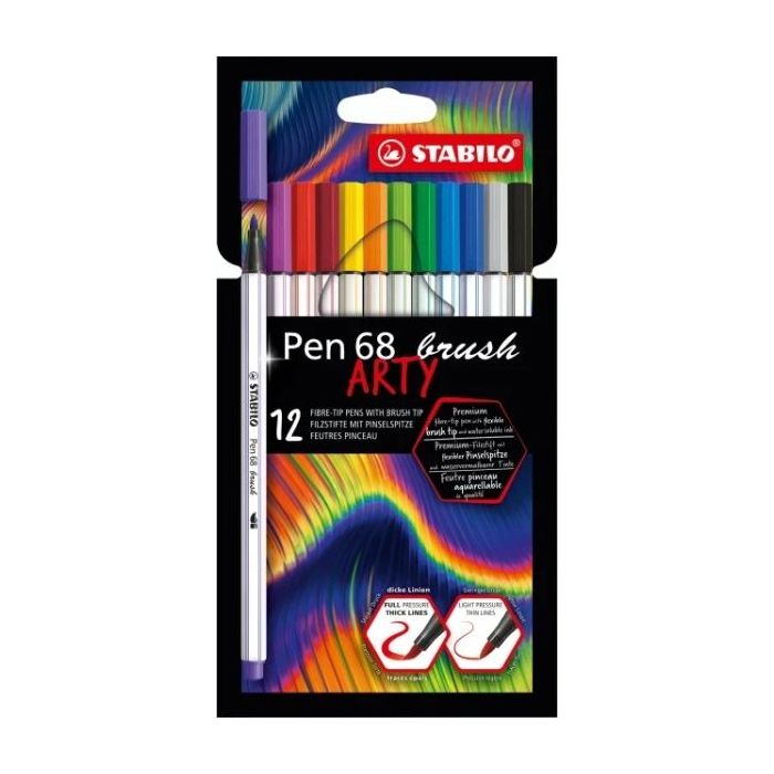 Stabilo Pen 68 Brush Arty Pack de 12 Rotuladores - Punta de Pincel - Tinta a Base de Agua - Colores Surtidos