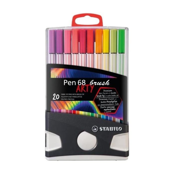 Stabilo Pen 68 Brush Arty Caja de Plastico Rigida con 30 Rotuladores - Punta de Pincel - Tinta a Base de Agua - Colores Surtidos