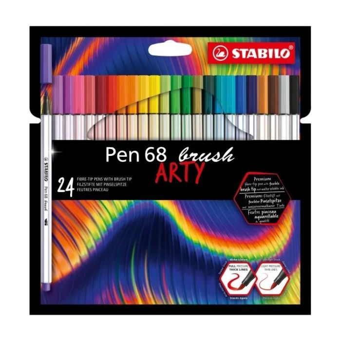 Stabilo Pen 68 Brush Arty Pack de 24 Rotuladores - Punta de Pincel - Tinta a Base de Agua - Colores Surtidos