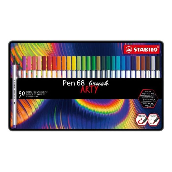 Stabilo Pen 68 Brush Arty Caja Metalica de 30 Rotuladores - Punta de Pincel - Tinta a Base de Agua - Colores Surtidos