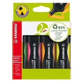 Stabilo Green Boss Pack de 4 Marcadores Fluorescentes - Fabricado con un 83% de Plastico Reciclado - Trazo entre 2 y 5mm - Recargable - Colores Surtidos