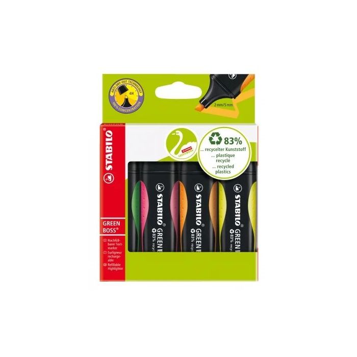 Stabilo Green Boss Pack de 4 Marcadores Fluorescentes - Fabricado con un 83% de Plastico Reciclado - Trazo entre 2 y 5mm - Recargable - Colores Surtidos