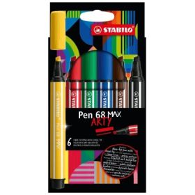 Stabilo Pen 68 MAX Arty Pack de 6 Rotuladores - Punta de Fibra Biselada - Trazo entre 1-5mm aprox. - Tinta a Base de Agua - Colores Surtidos