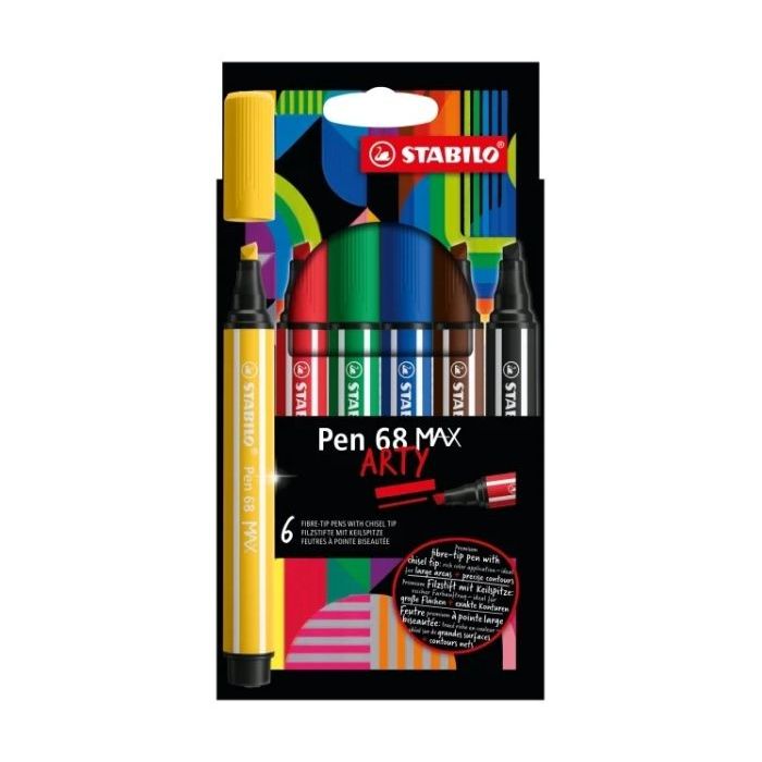 Stabilo Pen 68 MAX Arty Pack de 6 Rotuladores - Punta de Fibra Biselada - Trazo entre 1-5mm aprox. - Tinta a Base de Agua - Colores Surtidos
