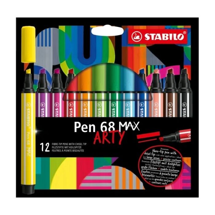 Stabilo Pen 68 MAX Arty Pack de 12 Rotuladores - Punta de Fibra Biselada - Trazo entre 1-5mm aprox. - Tinta a Base de Agua - Colores Surtidos