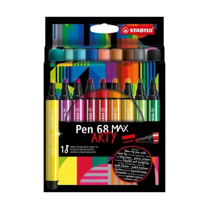 Stabilo Pen 68 MAX Arty Pack de 18 Rotuladores - Punta de Fibra Biselada - Trazo entre 1-5mm aprox. - Tinta a Base de Agua - Colores Surtidos