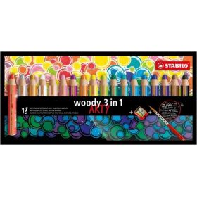 Stabilo Woody 3 en 1 Arty Pack de 18 Lapices de Colores + Sacapuntas + Pincel - Lapiz de Color, Cera y Acuarela, Todo en Uno - Mina XXL 10mm - Colores Surtidos